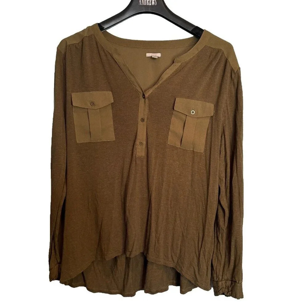 Ecote Urban Outfitters Blouse Size Large Olive Green Roll-Tab Sleeves Utility